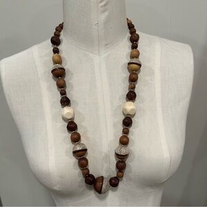 Vintage Large Wood Bead Long Necklace Brown and Cream Boho Unique New
